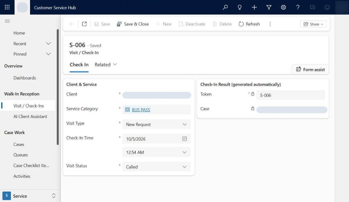 A visit after check-in: the token and case are filled in automatically