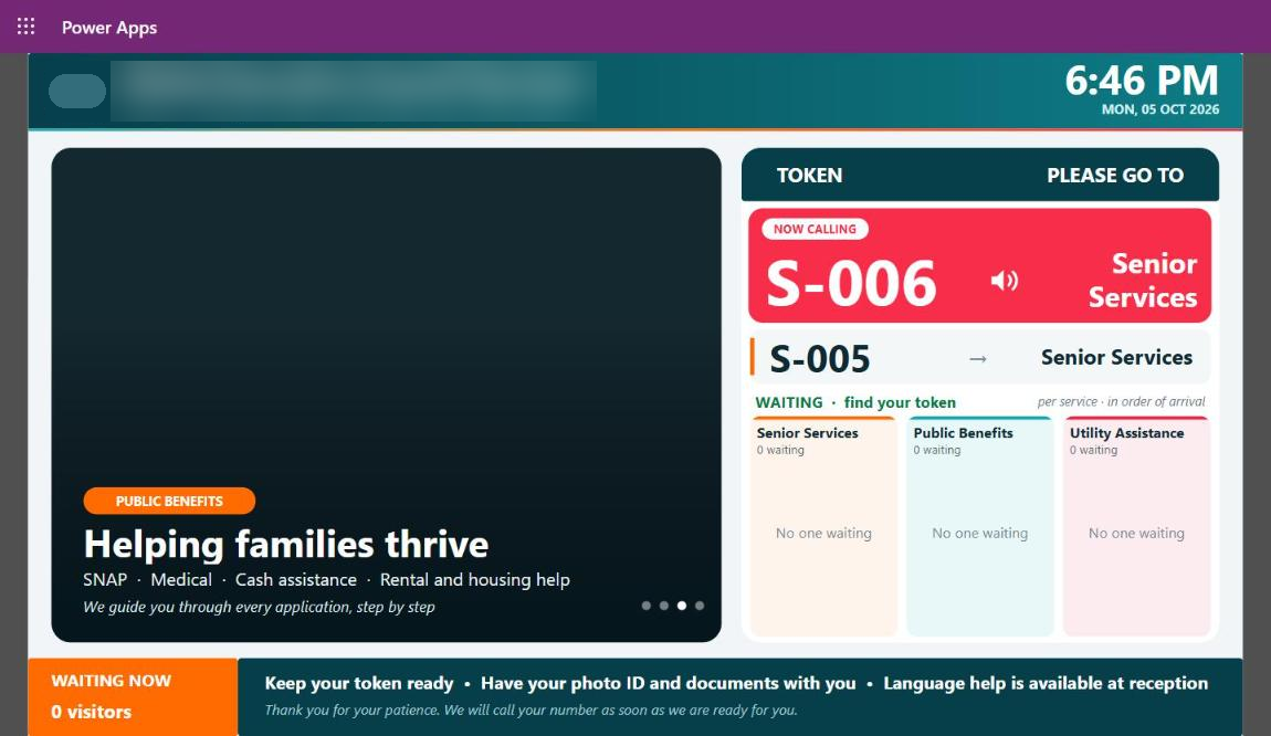 The lobby screen announcing token S-006, with the waiting list per service