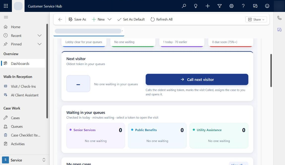 The caseworker dashboard with the Next visitor card and the waiting tokens per queue