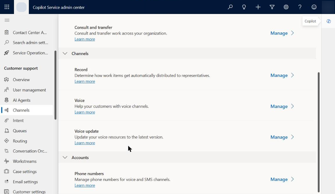 Channels in Copilot Service admin center: Voice and Phone numbers