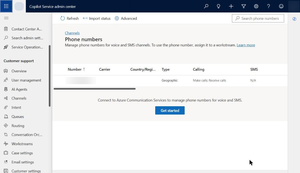 The service number in Phone numbers, set to make and receive calls (number hidden)