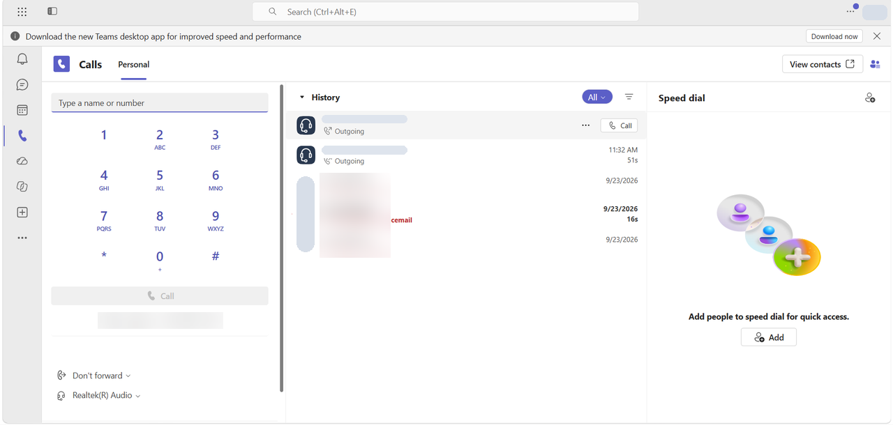 Dialling the service line from Teams (caller's number hidden)