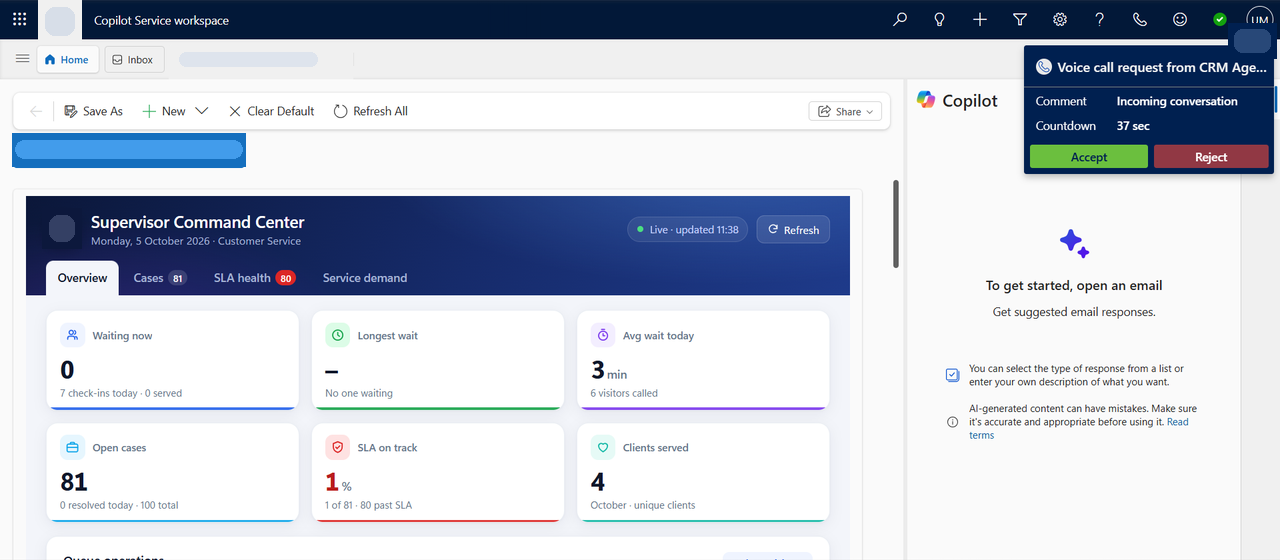 The voice call request in Copilot Service workspace