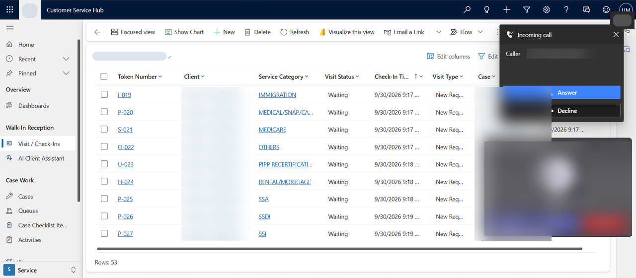 An incoming direct Teams call in Customer Service Hub (names hidden)