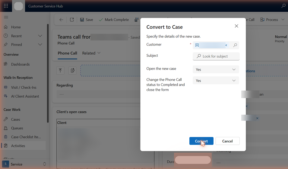 The Convert to Case dialog on a phone call (customer hidden)