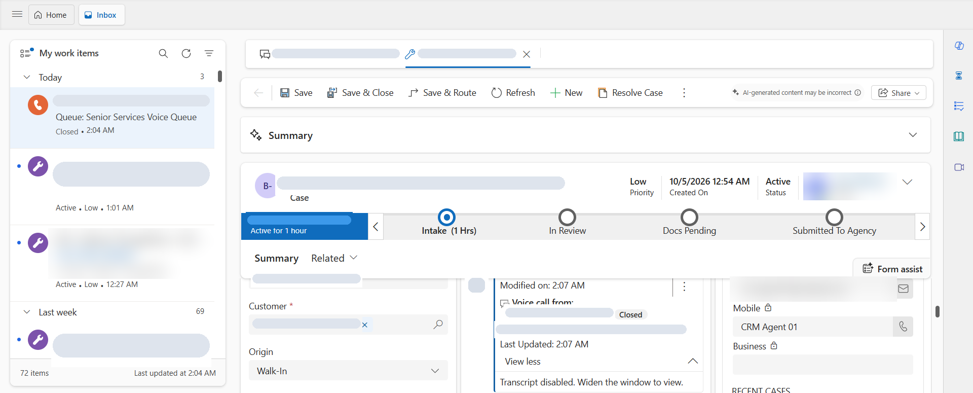 Copilot Service workspace: the closed voice conversation in My work items and on the case (personal details hidden)